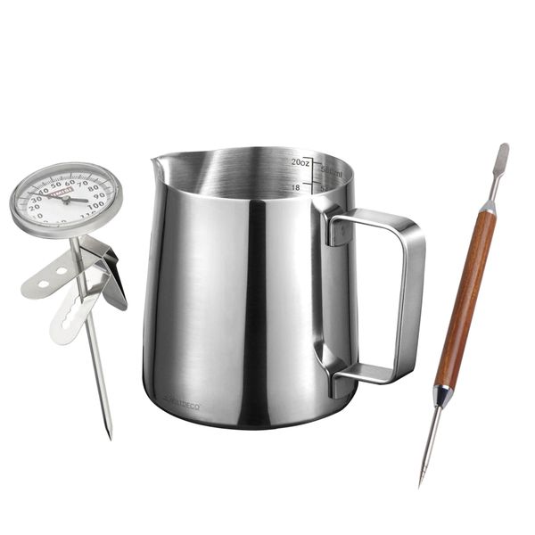 Heartdeco Milk Frothing Jug with Thermometer and Latten Art Pen