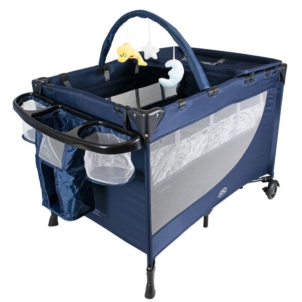 Baby Links Bailey Camp Cot with 2 Layers, Change Tray, Toy Bar &amp; Organiser