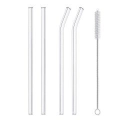 Set of 4 Reusable Glass Straws with Cleaning Brush