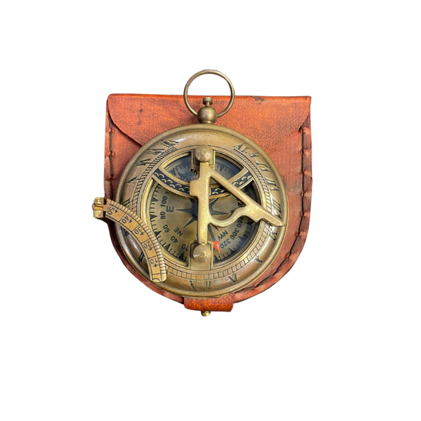 Antique 3" Sundial with Push button in leather case Nautical Collectible