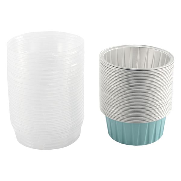 100Pcs 125Ml Disposable Cake Baking Cups With Lids Aluminum Foil-Blue