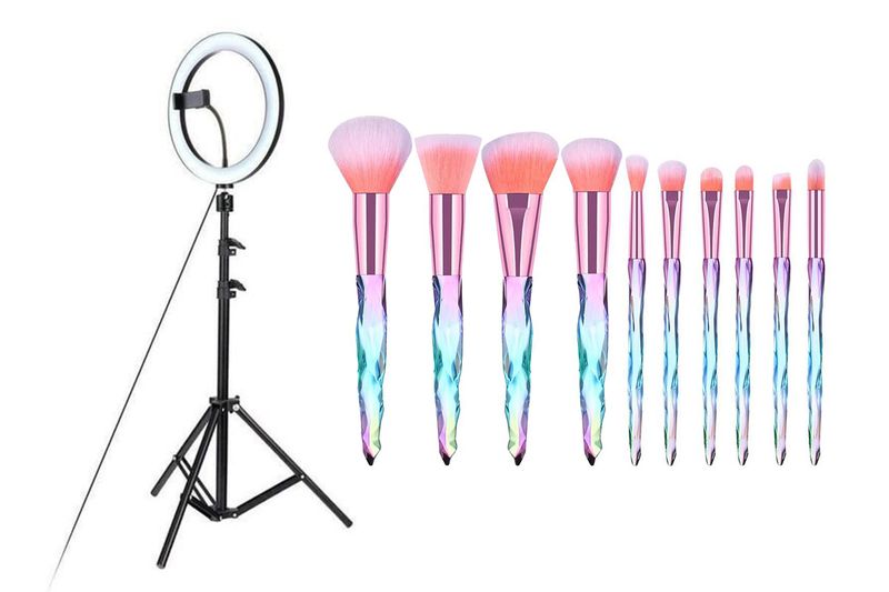 Everglitz LED Light Ring with Tripod and 10pc Acrylic Cosmetic Brush Combo