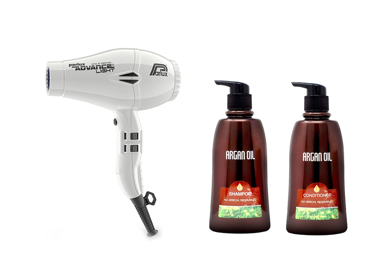 White Elegance: Argan Oil Shampoo, Conditioner, &amp; Parlux 2200W Hair Dryer