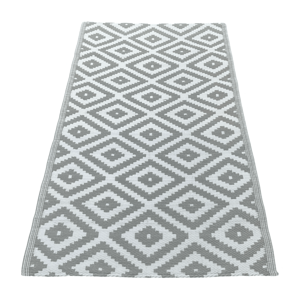 Diamond Outdoor Plastic Woven Rug - Light Grey &amp; White - 200 x 120cm