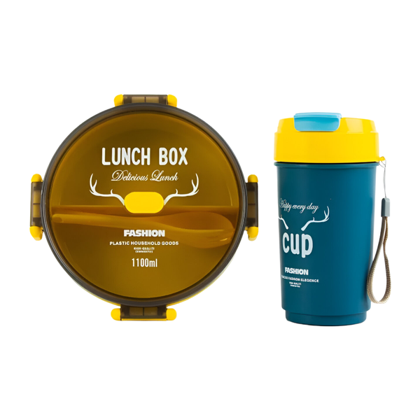 1100ml + 500 ml Round Lunch Box Set With Water Cup, Spoon And Fork