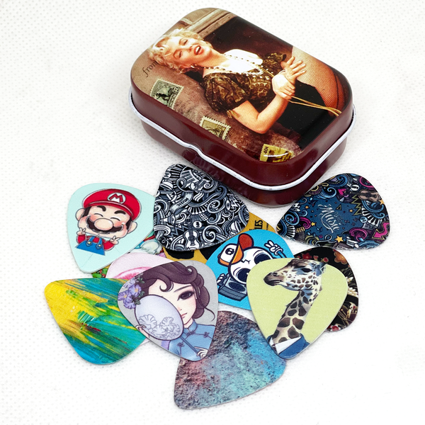Guitar Pick Tin Pack of 12 Guitar Plectrums Guitarist Accessory Mixed Print