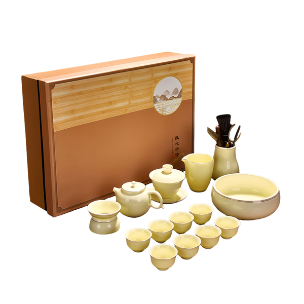 Yellow Jade Porcelain Kung Fu Tea Set with Gaiwan, Elegant Gift Box