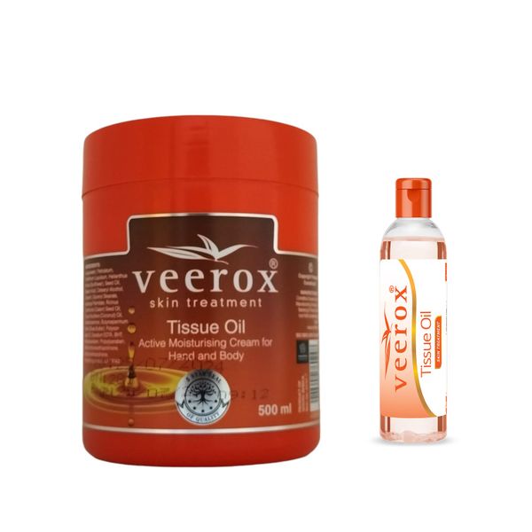 Veerox Tissue Oil Cream (500 ml) &amp; Tissue Oil (125ml) Combo (Travel Size)