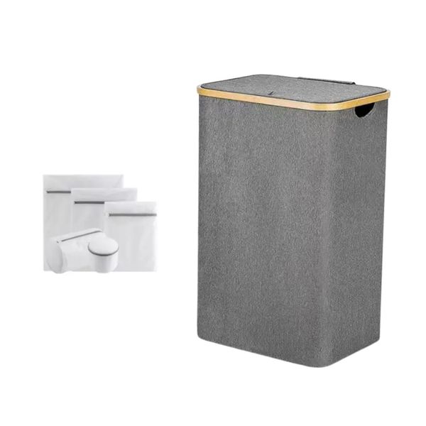 100L Grey Laundry Hamper with Lid&amp;Bamboo Handle Including Mesh Wash Bags