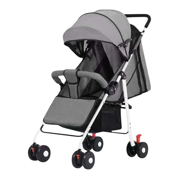 Compact Foldable Baby Stroller With Canopy &amp; Reclining Seat - Grey