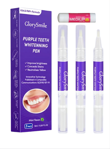Purple V34 Teeth Whitening Pen with added Lip Balm-3 Pack