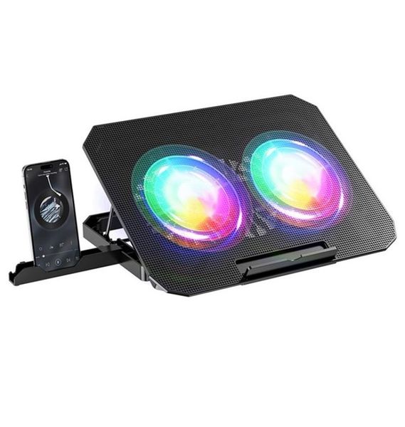 RGB Dual-Fan Laptop Cooling Pad - Adjustable Stand with Phone Holder N33