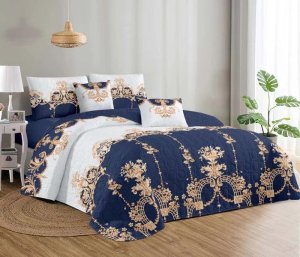 Bedspread Set Queen 5 Piece Microfiber Blue &amp; White Royal Pattern