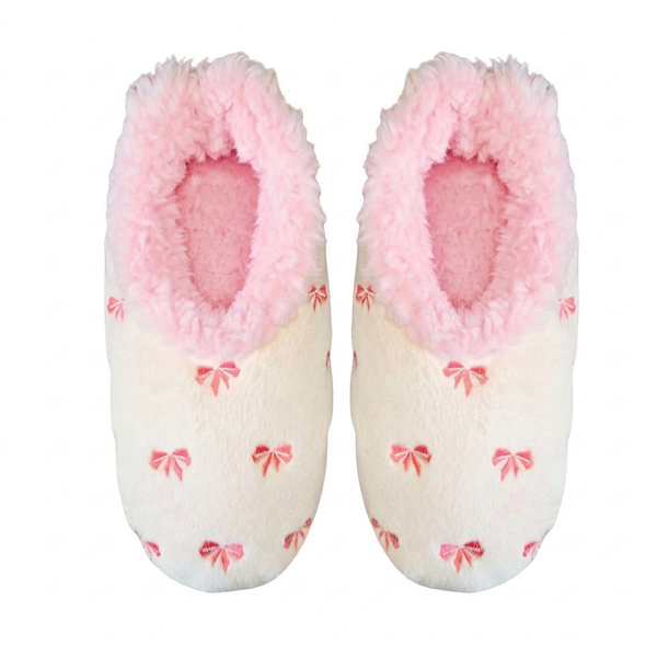 Snoozies Ladies Bow-tiful Fleece Slippers Pink Soft - Non-Skid Sole