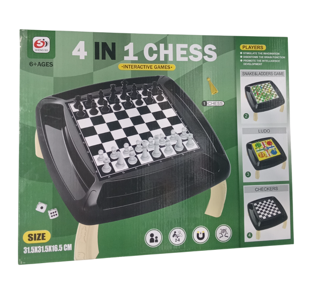 4-in-1 Classic Board Games - Chess, Ludo, Checkers &amp; Snakes and Ladders