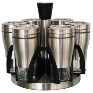 6 Piece Broad Glass Spice Jars in Stainless Steel Jacket &amp; Rotating Spice