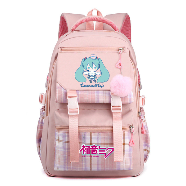 Student Backpack Cartoon Hatsune Miku Plaid fabric Cute Canvas Schoolbag