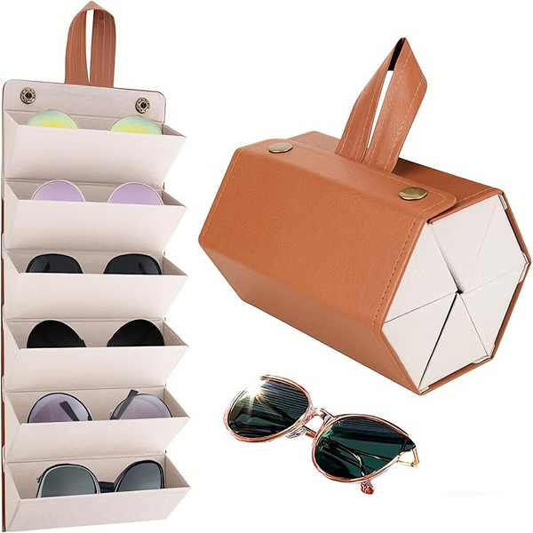 PU Leather Glasses Case with 6-Slot Foldable Sunglasses Organizer Holder