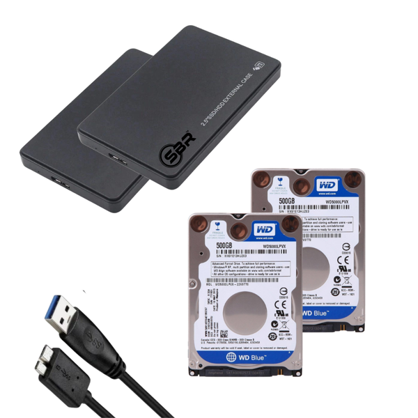 WD Blue 500GB HDD x 2 plus Hard Drive Enclosure 2.5" x 2 - SBR Set