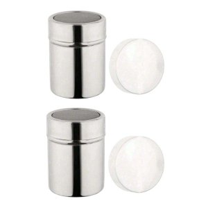 2 Piece Stainless Steel Powder Sugar Shaker Duster With Lid - Silver
