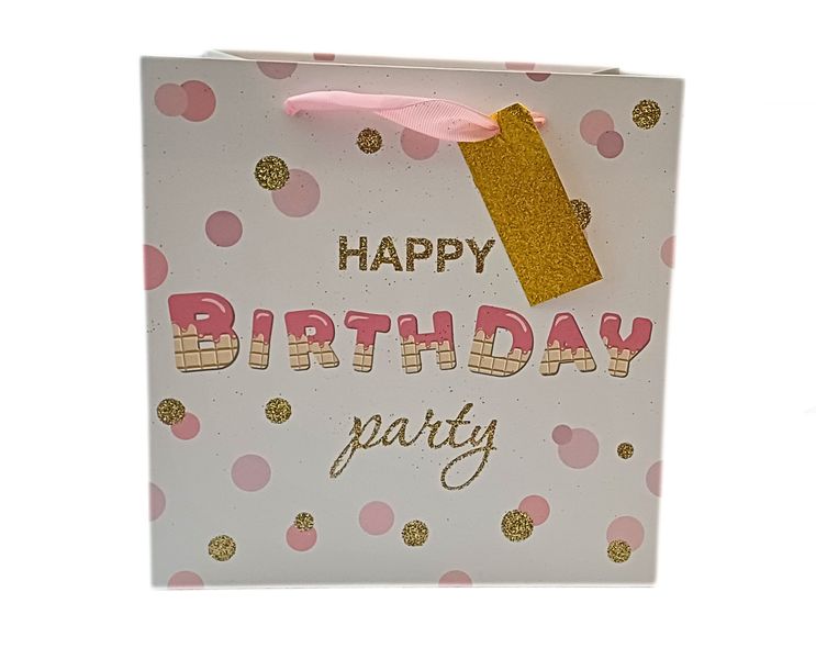 Happy Birthday Party Gift Bag -Ice Cream Letter Design |Pink &amp; Gold Glitter