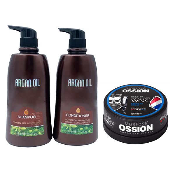 Moroccan Argan Oil Shampoo &amp; Conditoner 750ml + Ossion Medium Hold Wax