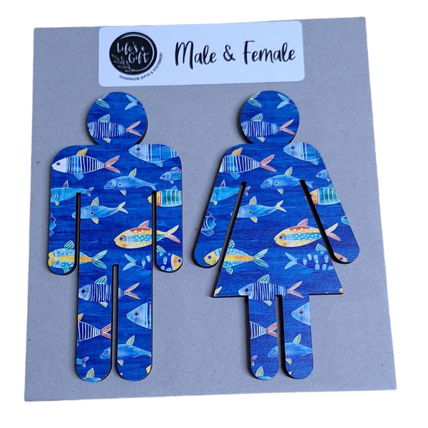 Male &amp; Female Bathroom Wall Art - Blue with Fishes