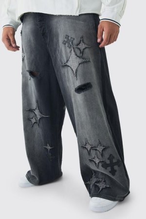 boohooMAN - Men's Plus Distressed Applique Baggy Fit Jeans - Washed Black