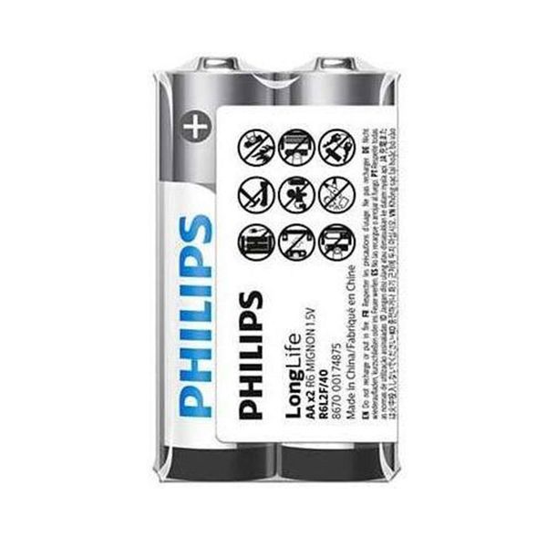 Philips LongLife AA Batteries 2-Pack - Zinc Carbon 1.5V for Daily Use