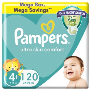 Pampers Anti-Rash Shield Taped Size4+(10-15kg),120 Nappies,Lotion with Aloe