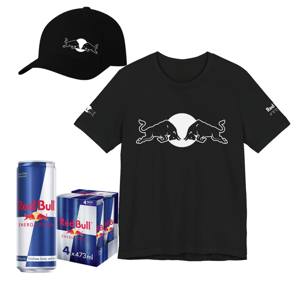 RedBull T-Shirt and Cap Combo with 4 Pack Red Bull 473ml