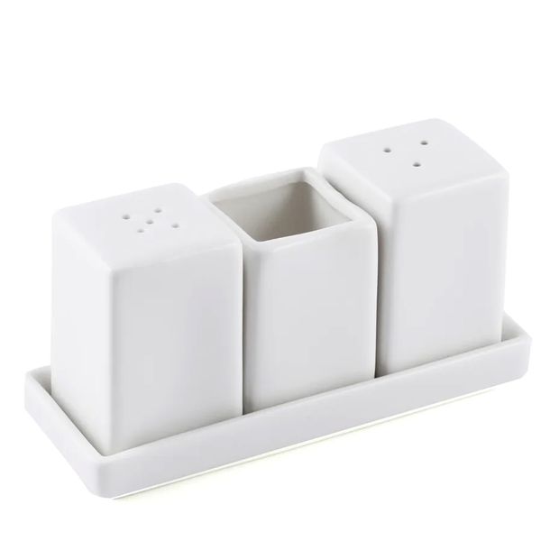 White Porcelain Salt and Pepper Shakers and Toothpick Holder