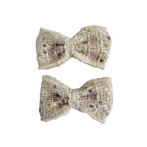 Large Beige Sequin Bow Hair Clip Sparkly Party &amp; Occasion Style - Set of 2