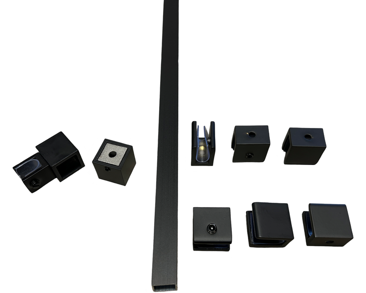 Black Square Shower Glass Stabilizer Set - 1m (Tube, Brackets &amp; Clamps)