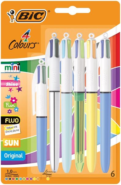BIC® 4 Colours Ball Pen Set with Sun, Fun, Shine, Fluo, Mini, and Original - Assorted Ink Colours, Pack of 6
