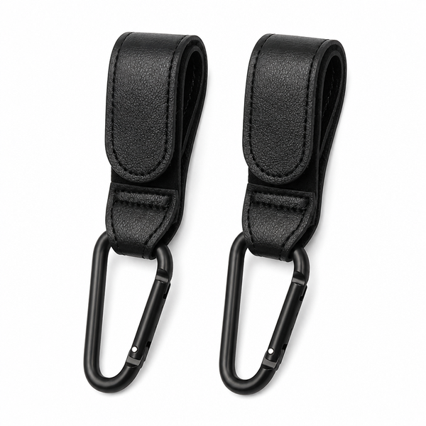 2 piece Stroller Hooks with Vegan Leather Loops Black Carabiner Clips Set
