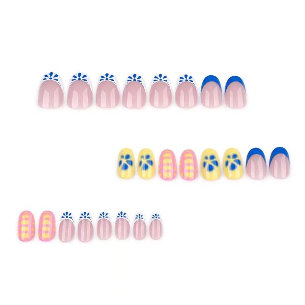 Press On Nails Short Almond Nail Tips Pink Fake Nails Blue White French