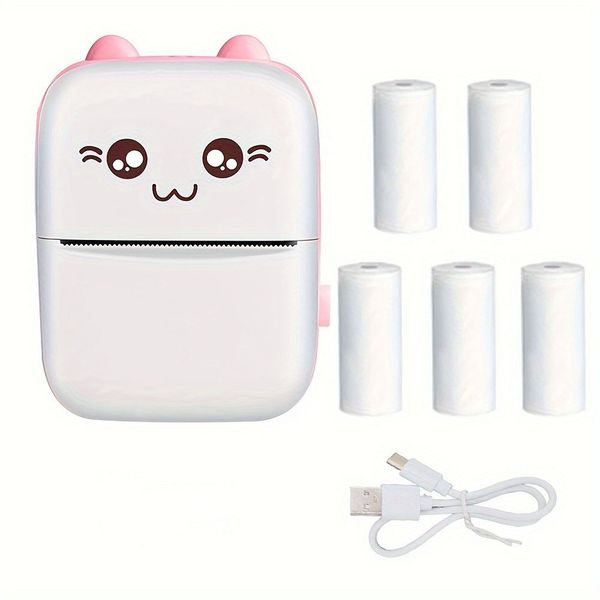 Portable Bluetooth Mini Thermal Printer Plus 5 Rolls Printer Paper 200DPI