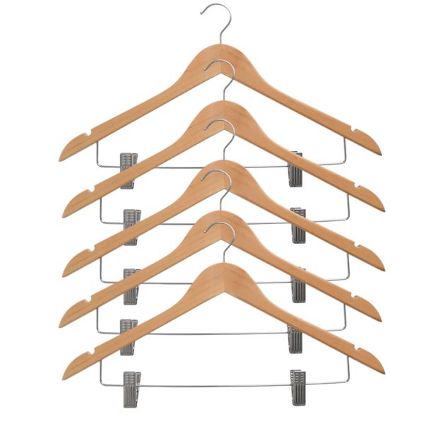 5 - Piece Natural Wooden Suit &amp; Pants/Skirt Hangers with 2 Metal Clips