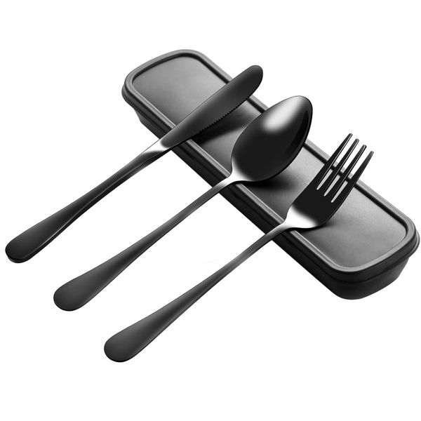 QYNIAL Portable 4-Piece Stainless Steel Utensil Set with Case, Black