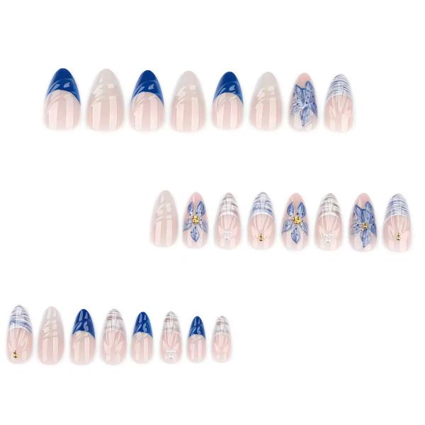 Press on Nails Short Almond 3D Flower Designs Fake Nails Press ons Nails