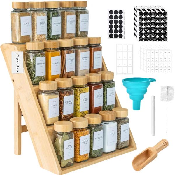 Topika - 20 Piece Spice Jar Containers Set, Bamboo Spice Rack Organiser with Labels