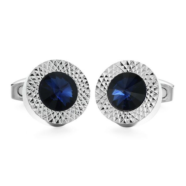 Men's Silver Cufflinks with Blue Swarovski Crystal - Round Classic Design