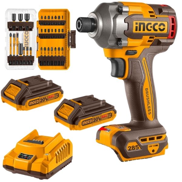 Ingco - Cordless Impact Driver with 2x2Ah Batteries, Charger &amp; 31Bits Set