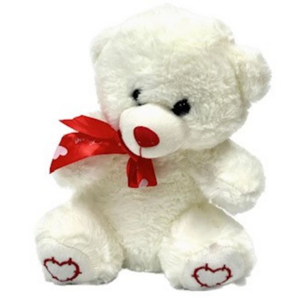 21cm Teddy with Bow Heart Paws White