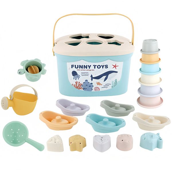 Toddler Sensory Beach Toy &amp; Bath Playset - 20 PCS with Shape Sorter Bucket