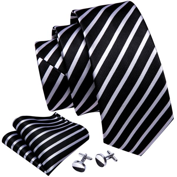 Mens Tie Jacquard Necktie Pocket Square Cufflinks Set Black White Striped