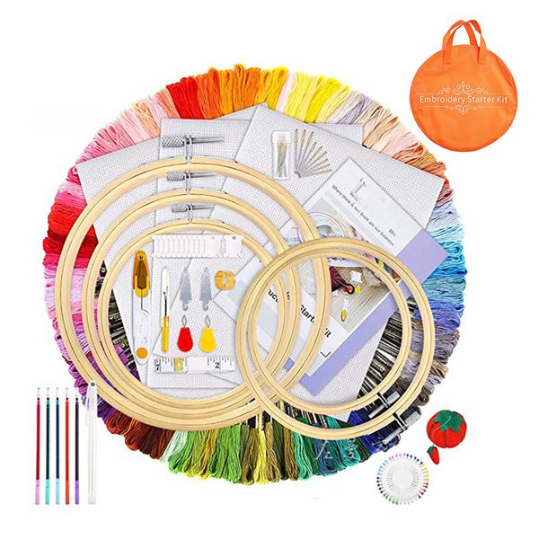 Embroidery Kit with 100 Colors Threads and 5 Pcs Embroidery Hoops for Adult