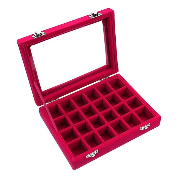 24 Slot Velvet Jewelry Rings Earring Storage Box - Rose Red