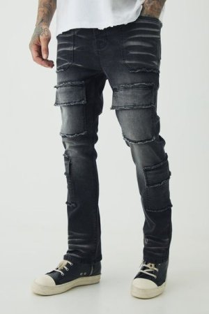 boohooMAN - Tall Raw Seam Detail Skinny Cargo Flared Jeans - Washed Black